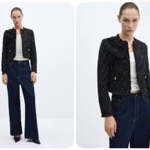 Black Tweed Jacket and Navy Wide-Leg Jeans